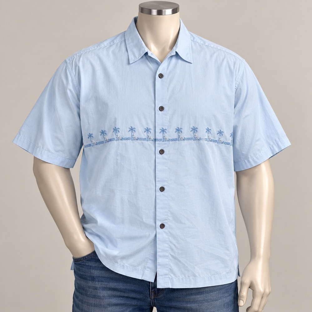 Disneyland Resort Mens XXL Light Blue Embroidered Palm Tree Rayon Camp Shirt